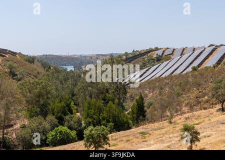 Des rangées de panneaux photovoltaïques sont installés sur une pente raide et sèche, contrastant avec des arbres luxuriants et un plan d'eau paisible en arrière-plan Banque D'Images