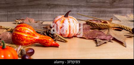Composition automnale avec des citrouilles colorées, des courges, des pommes de pin, des châtaignes et des feuilles sèches sur bois Banque D'Images