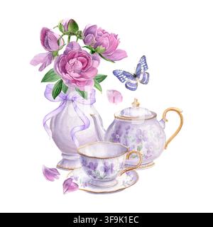 Composition aquarellée avec des pivoines roses, un service à thé floral, un nœud lavande et un papillon. Art délicat peint à la main pour invitations, papeterie, emballage Banque D'Images