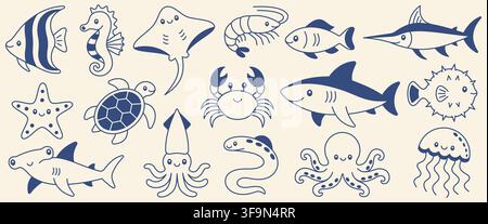 Ensemble d'illustrations d'animaux marins de style méditerranéen bleu marine sur fond crème, collection d'icônes de vie marine avec requin, tortue, crabe, poulpe, méduse Illustration de Vecteur