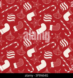 Fond sans couture de Noël avec chaussettes, sucettes en forme de canne et ornements de Noël en rouge pour la décoration saisonnière, emballage Illustration de Vecteur