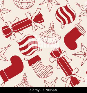 Motif sans couture de Noël dessiné à la main avec chaussettes, cadeau et ornements de Noël en couleur rouge pour emballage saisonnier, tissu Illustration de Vecteur