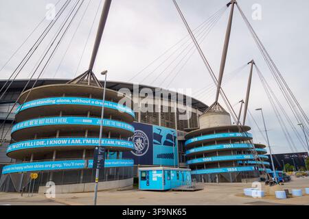 Etihad Stadium – Maison du Manchester City Football Club. Vue de l'extérieur du stade. Manchester, Royaume-Uni, 15 août 2026 Banque D'Images