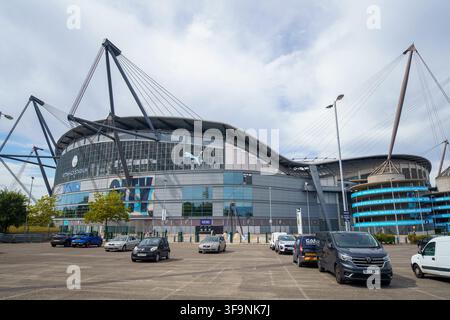 Etihad Stadium  Maison du Manchester CityFootball Club. Vue de l'extérieur du stade.Manchester  Royaume-Uni 15 août 2026 Banque D'Images