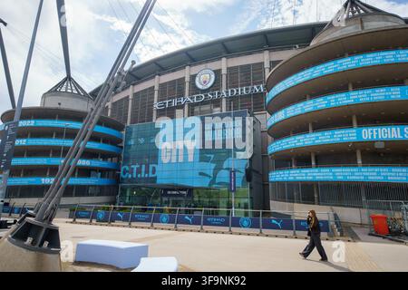 Etihad Stadium  Maison du Manchester CityFootball Club. Vue de l'extérieur du stade.Manchester  Royaume-Uni 15 août 2026 Banque D'Images