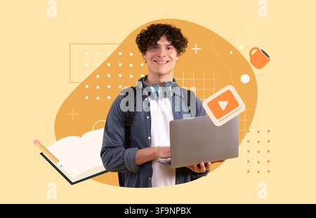 Jeune homme souriant avec ordinateur portable et casque étudiant en ligne, concept de bureau à domicile Banque D'Images