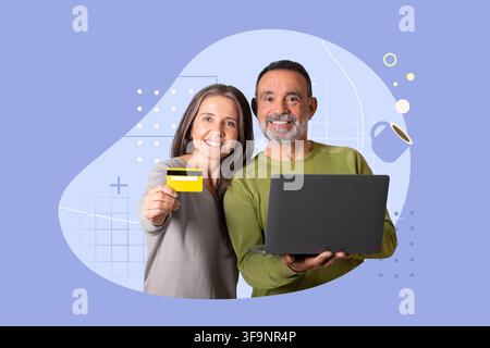 Couple caucasien d'âge moyen heureux faisant des achats en ligne avec une carte de crédit à la maison, concept commercial Banque D'Images