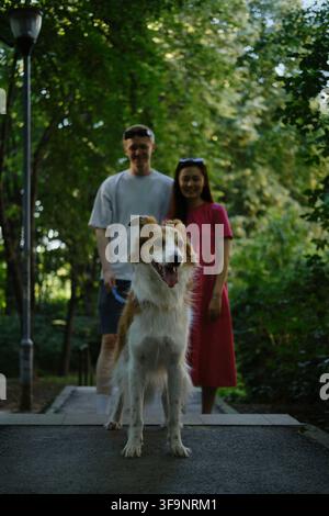 Chien en focus tandis qu'un jeune couple sourit en arrière-plan. Style de vie en plein air et amour dans la nature. Banque D'Images