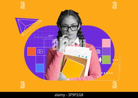 Jeune étudiante concentrée avec des lunettes tenant des papiers, environnement de bureau, concept d'éducation Banque D'Images