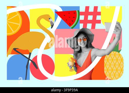 Jeune femme asiatique heureuse prenant un selfie avec un verre à la main, fond coloré, ambiance estivale Banque D'Images