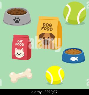 Ensemble plat et mignon en vecteur de fournitures pour soins aux animaux, comprenant des bols de nourriture, un sac de nourriture pour chien, un sac de nourriture pour chat, des balles de tennis et un jouet à mâcher en os. Illustration simple et colorée Illustration de Vecteur