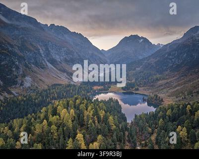 Vue aérienne de la vallée de l'Engadine mettant en scène un lac de montagne serein entouré de forêts denses de pins et de mélèzes aux couleurs automnales sous un coucher de soleil dramatique s Banque D'Images
