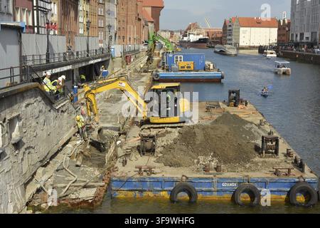 Travaux de rénovation et chantier de construction avec excavatrices sur plates-formes flottantes sur le remblai et la promenade de la Motlawa dans la vieille ville de Gdansk, Banque D'Images