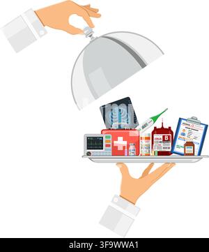 concept de services médicaux avec icônes plates le médecin tient le plateau avec des médicaments comme récipient de sang, carte médicale, thermomètre. autres poignées cov Illustration de Vecteur