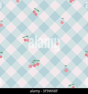 Motif à carreaux vichy bleu vert avec cerises Illustration de Vecteur
