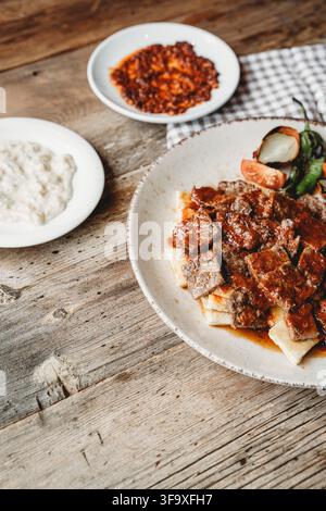 Une assiette de kebab Iskender turc sur une table rustique Banque D'Images
