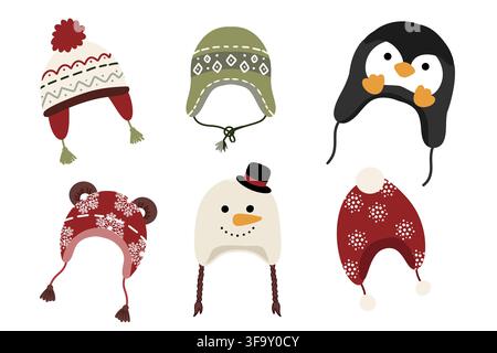 Collection de chapeaux d'hiver mignons pour enfants avec cache-oreilles, ensemble de casquettes amusantes en forme de pingouin bonhomme de neige et ours sur fond blanc isolé Banque D'Images