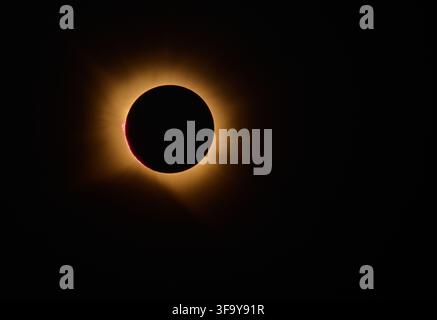 Éclipse solaire totale montrant la lune recouvrant complètement le soleil, révélant la couronne lumineuse et une petite protubérance, créant un dramatique astronomique Banque D'Images