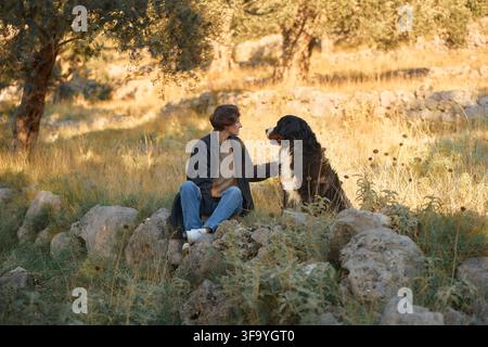 Femme assise à côté d'un chien de montagne du Bernois sur des rochers lors d'une promenade automnale paisible. Une lumière chaude, des oliviers et une campagne naturelle créent un calme Banque D'Images