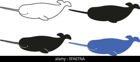 Ensemble d'illustrations simples et adorables de silhouettes de narvals Illustration de Vecteur