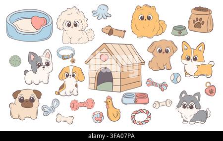 Ensemble vectoriel de chiots et d'accessoires pour animaux de compagnie pour la journée internationale du chien Illustration de Vecteur