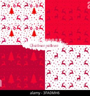 Collection de quatre motifs sans couture mettant en scène des silhouettes de rennes, des sapins de Noël, des étoiles et des flocons de neige dans une palette rouge et blanche. Scandinave-ins Illustration de Vecteur
