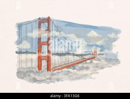 Illustration aquarellée onirique du Golden Gate Bridge de San Francisco s'élevant au-dessus de nuages doux, avec ses tours rouges et ses câbles de suspension encadrés par un b Banque D'Images