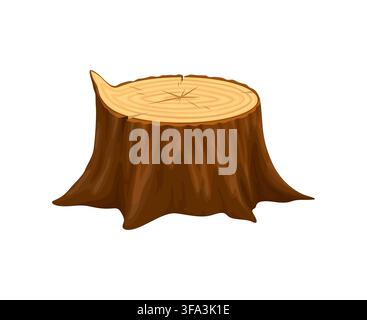Souche en bois avec texture d'écorce, anneaux de croissance et surface de coupe naturelle. Souche de forêt dessinée isolée pour la sylviculture, l'abattage, le bois, le travail du bois, les actifs de jeu, les thèmes de la nature et de l'environnement Illustration de Vecteur