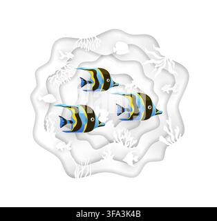 Banc de poissons tropicaux en découpage de papier. École de poissons angelfish colorés nageant à travers un cadre de récif corallien en découpage de papier stratifié avec une vie marine sous-marine. Vie aquatique océanique avec effet de profondeur 3D Illustration de Vecteur