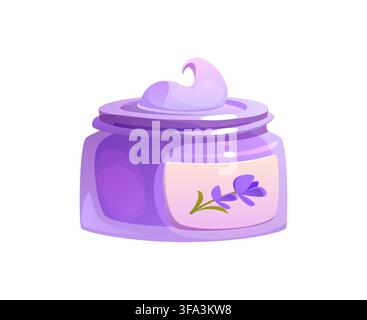 Conteneur cosmétique rempli de crème lavande violette avec tourbillon à la surface. Étiquette pâle décorée d’une fleur de lavande. Publicité pour cosmétiques, soins de la peau et aromathérapie, crème aux herbes lavande spa beauté Illustration de Vecteur