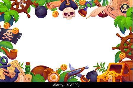 Bannière cadre pirate avec trésors de corsaires caribéens et équipement de navigation. Fond de dessin animé avec cadre d'un marin pirate ou crâne de capitaine et ancre de navire avec drapeau Jolly Roger et fusils de mousquet Illustration de Vecteur