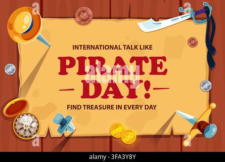 Bannière de la Journée des Pirates avec vieux manuscrit en parchemin, armes de corsaire, trésor en pièces et compas vintage. Discours international comme Journée des Pirates vieux parchemin épinglé sur une planche en bois avec couteau, dague et épée Illustration de Vecteur