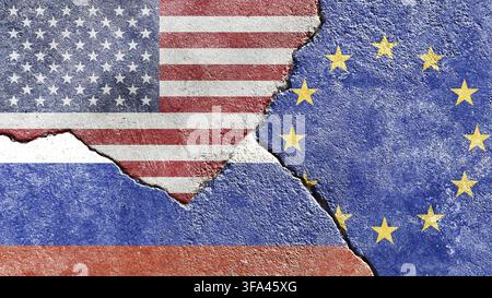 Icône de drapeaux nationaux fanés USA VS Russie VS UE (Union européenne) isolée sur un fond de mur en béton cassé, abîmé et fissuré, abstraction US Russie UE po Banque D'Images