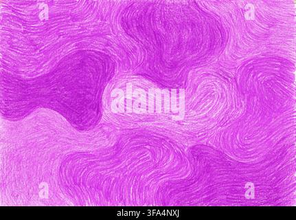 Fond abstrait dessiné à la main avec des crayons de couleur ou des crayons de cire. Présente des formes organiques tourbillonnantes, des points arrondis et des lignes ondulées. Différentes nuances de rose vif, violet, violette, lavande. Banque D'Images