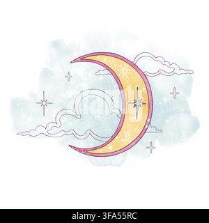Lune croissante mignonne dessinée à la main à l'aquarelle, entourée de nuages graphiques et d'étoiles. Concept de ciel nocturne céleste fantaisiste en jaune pastel et bleu menthe Banque D'Images