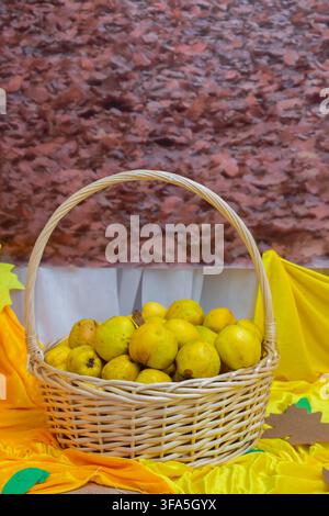 Un panier en osier rempli de coings jaunes mûrs sur un tissu jaune vif. Arrangement rustique de feuilles d'automne rouges séchées. Nature morte de produits de saison Banque D'Images