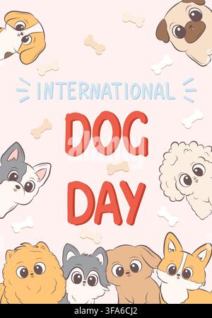Carte de vœux pour la Journée internationale du chien avec des chiots mignons Illustration de Vecteur
