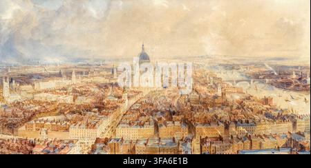 Vue aérienne et paysage urbain de Londres du milieu du 19th siècle depuis le clocher de l'église St Bride dans Fleet Street, vers l'est en direction de la cathédrale St Paul, crayon avec stylo et encre marron sous une peinture aquarelle de Thomas Allom, vers 1840 Banque D'Images
