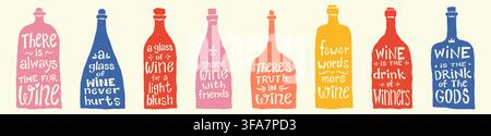 Autocollants de vin. Affiche drôle avec bouteille de boisson, verre à champagne vintage avec croquis dessiné à la main. Citation pour les amateurs de grunge, décoration de bar et élément de conception d'emballage d'alcool. Collection de lettrage vectoriel isolé Illustration de Vecteur