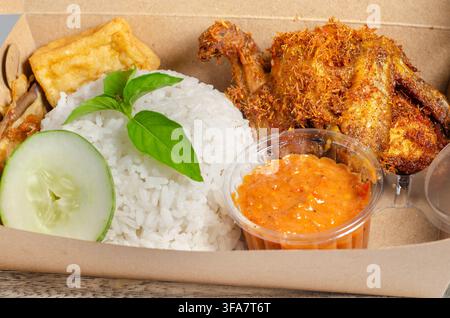 Poulet frit croustillant avec tofu de riz et sambal dans une boîte à emporter Banque D'Images
