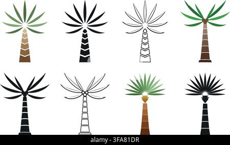 Ensemble d'icônes vectorielles de palmiers tropicaux en style plat, silhouette et contour, isolés sur fond blanc Illustration de Vecteur