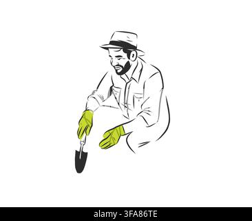 Jardinier agenouillé avec une truelle et des gants, travaux de jardinage et de plantation, entretien du jardin, horticulture, soins des plantes, activité de jardinage en extérieur, maison Illustration de Vecteur