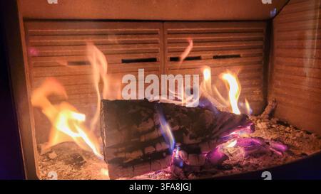 Bûche en bois brûlant dans une cheminée moderne avec des flammes orange vives en gros plan. Atmosphère hivernale chaleureuse. Banque D'Images
