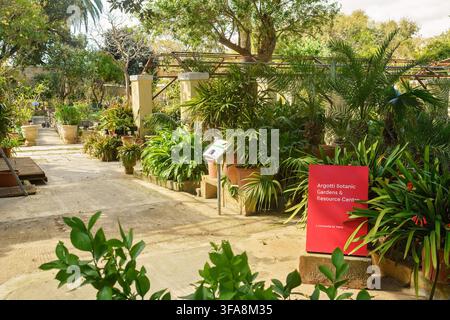 Floriana, Malte - 26 février 2026 : Zone d'entrée des jardins botaniques d'Argotti avec panneau rouge, plantes tropicales en pot, allée et construction de serre Banque D'Images