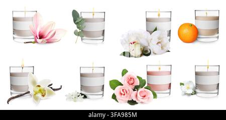 Bougies aux parfums variés sur fond blanc, set Banque D'Images