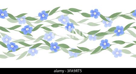 Myosotis bleus, bordure sans couture. Herbe scorpion, fleurs du printemps et de l'été, Myosotis. Aquarelle, pastels. Illustration dessinée à la main, style plat et naïf Banque D'Images