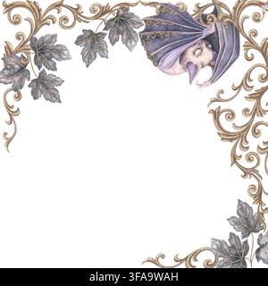 Cadre carré d'Halloween avec une chauve-souris mignonne et des feuilles de lierre. Fond aquarellé dessiné à la main avec ornement filigrané doré baroque. Modèle graphique ornemental pour la conception d'affiches ou de cartes gothiques. Banque D'Images