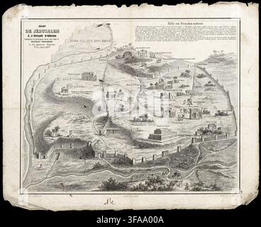 SEATTLE -11 SEP 2022 - Gravure historique représentant l'antique ville de Jérusalem, cartographie illustrant les sites bibliques et la topographie de la Banque D'Images