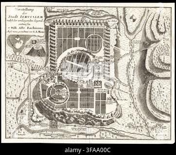 SEATTLE – 11 SEPT 2022 – Gravure de carte antique présentant le plan historique de la ville de Jérusalem, détaillant les sites bibliques importants et les terres environnantes Banque D'Images