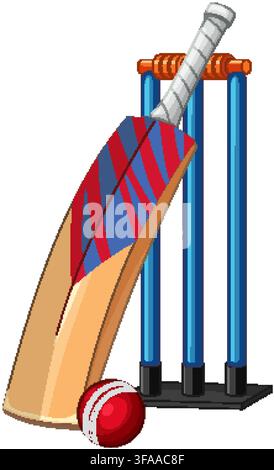 Une illustration vectorielle propre d'une batte de cricket, d'une balle rouge et de wickets bleus Illustration de Vecteur